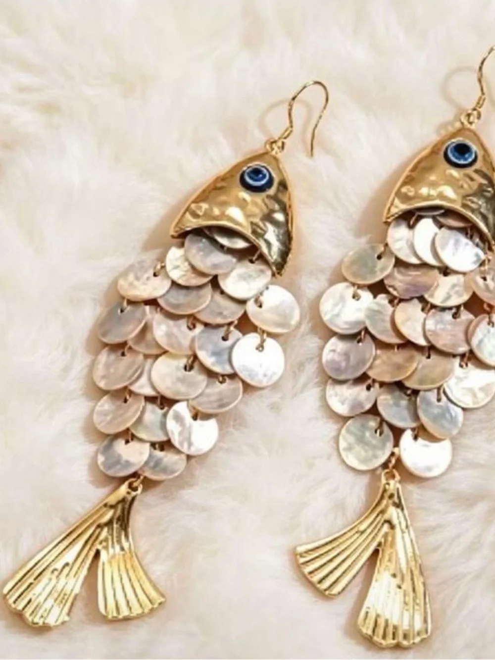 Gold and White Fish Scale Dangle Earrings